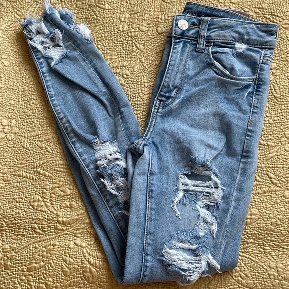 American Eagle Outfitters Denim - American Eagle High Rise Ripped Skinny Jeans Jeggings in Light Blue